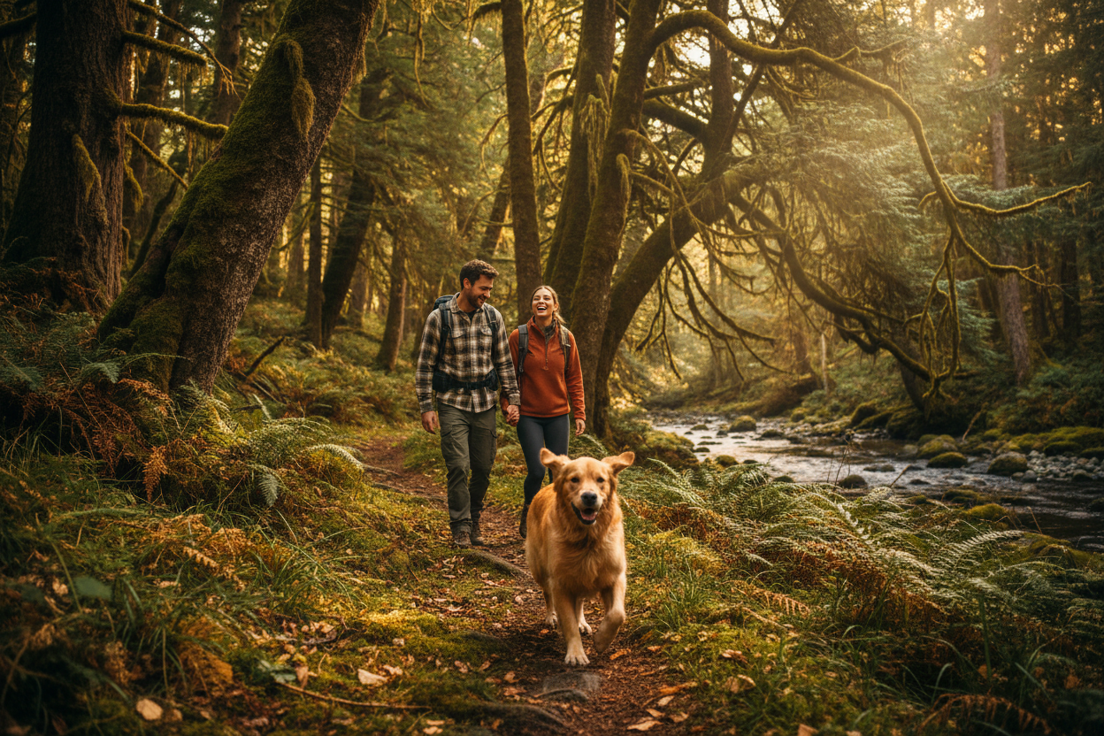 Dog running in forest with man and woman